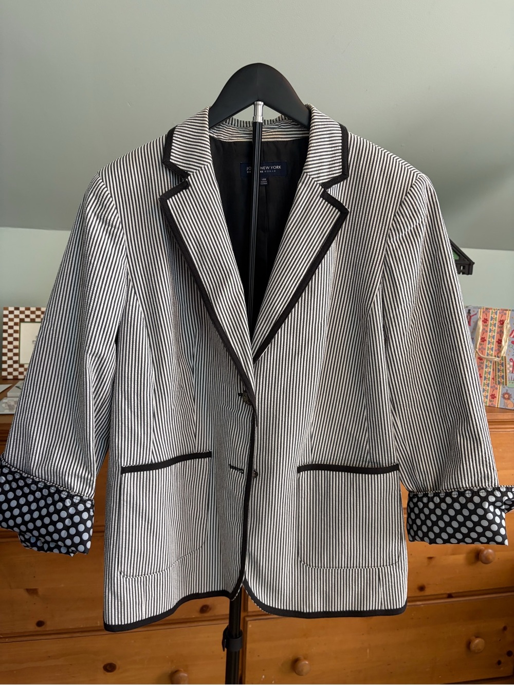Jones NY Black & White Striped Blazer with Contrast Trim, 14W